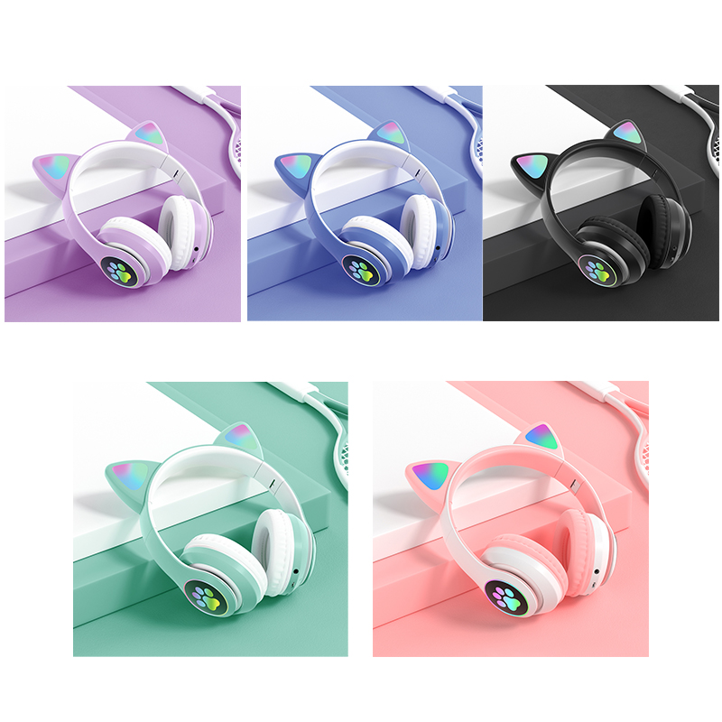 Basspal Bluetooth 5.0 Wireless Headphone with LED Cat Cute Paw Support TF Card