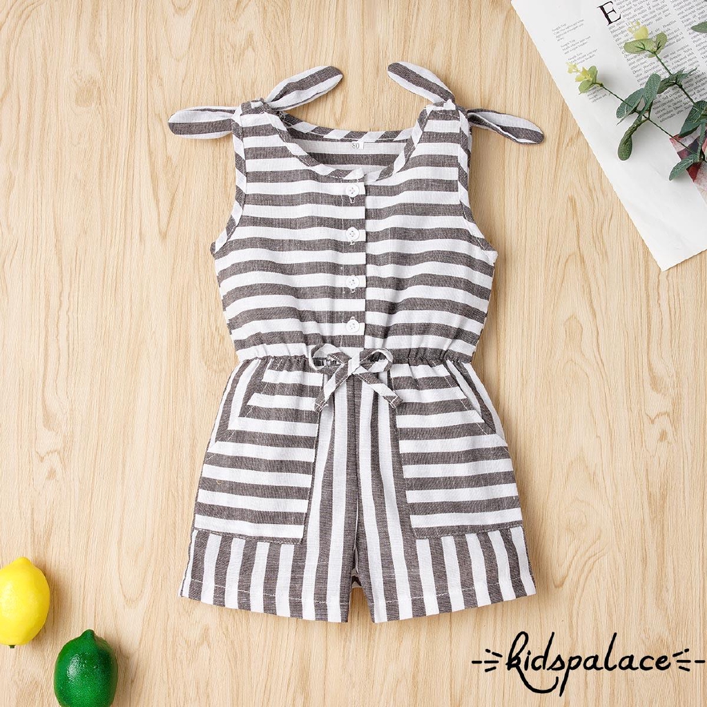 Jumpsuit Sát Nách Kẻ Sọc Phối Nơ Cho Bé Gái