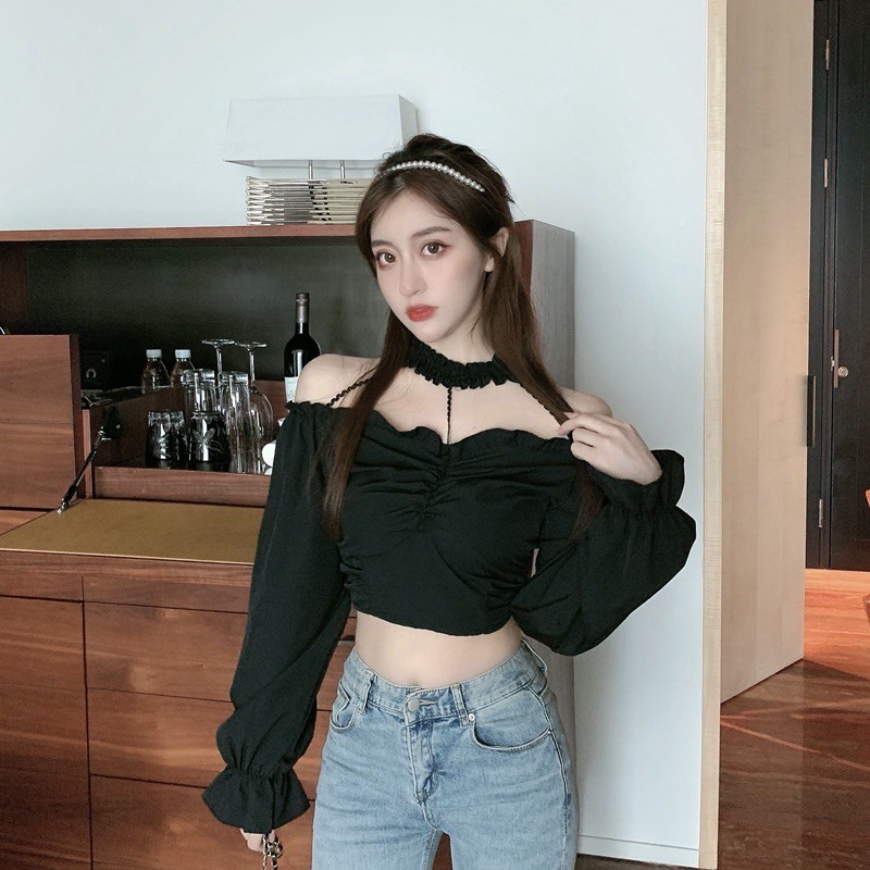 [Sale có sẵn+ảnh thật] Áo sơmi croptop mix choker cá tính mẫu 2021