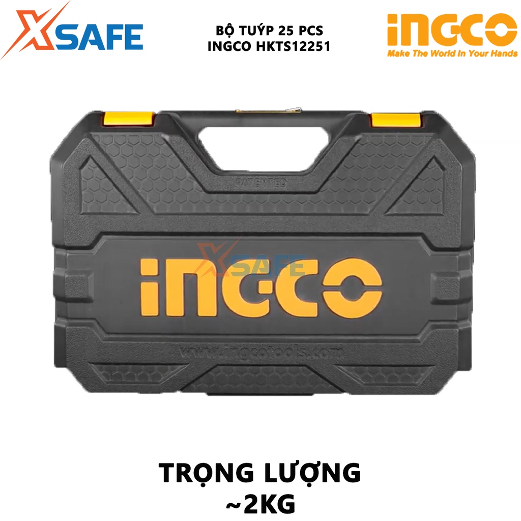 Bộ đầu tuýp 25 chi tiết INGCO HKTS12251 1/2inch chất liệu thép cr-v cao cấp, chịu nhiệt, gồm đầu tuýp, đầu vặn, khớp nối