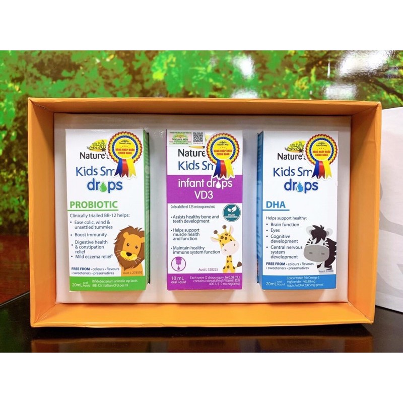 Bộ 3 Nature's Way Kids Smart Drops Bổ Sung DHA, Vitamin D3, Probiotic Cho Trẻ Sơ Sinh Phát Triển Não Bộ Cho Bé