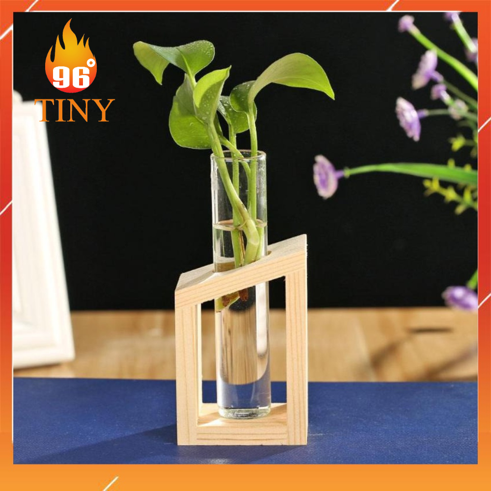 Lọ thủy tinh cắm hoa có giá gỗ, làm đồ trang trí để bàn làm việc độc đáo, trồng cây thủy sinh