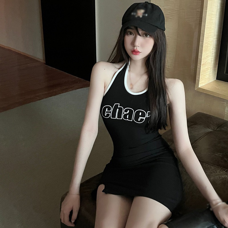 Đầm Sát Nách Cổ Yếm Dáng Ôm In Chữ Phong Cách Hàn Quốc Thời Trang Hè Quyến Rũ Cho Nữ