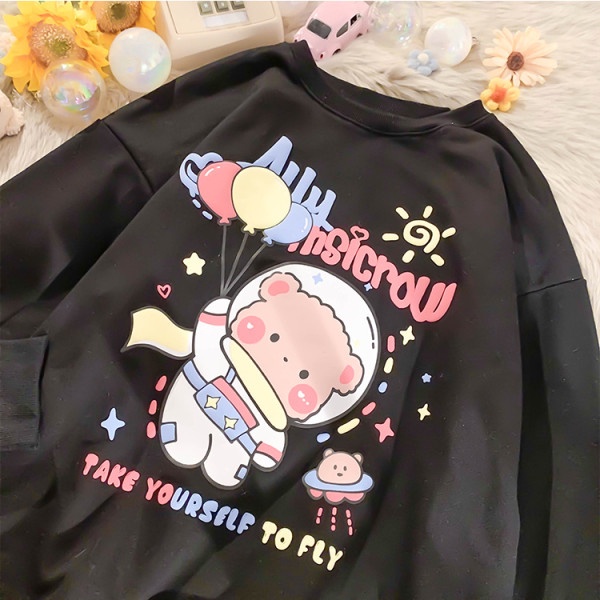 【ZHELIHANGFEI】Áo Thun Tay Dài Dáng Rộng In Hình Gấu Phi Hành Gia Dễ Phối Đồ