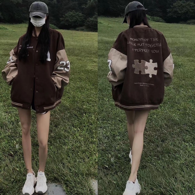 Áo khoác bomber jacket varsity nam nữ màu nâu cafe vintage đậm mới thêu chữ A cực chất