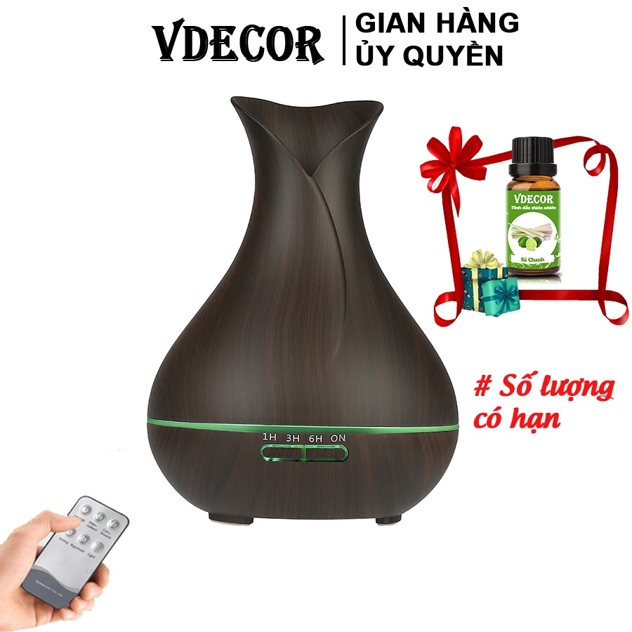 Đèn Xông Tinh Dầu Phun Sương Bình Hoa TUYLIP Vân Gỗ Cao Cấp | Kèm Điều Khiển Từ Xa | TẶNG TINH DẦU