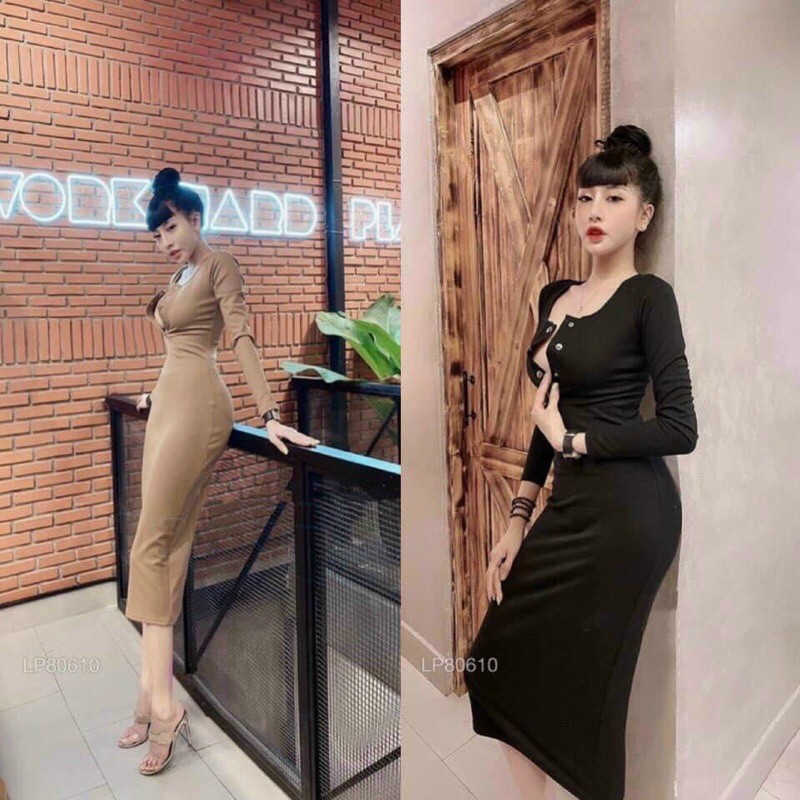 Đầm Body Cổ Vuông TAY DÀI Phối Cúc Ngực - Siêu Phẩm 1m1 | BigBuy360 - bigbuy360.vn