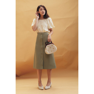 LIBÉ - Chân váy dài form xòe nhiều nút màu xanh rêu