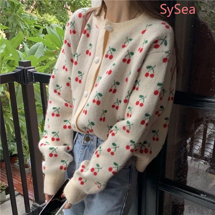 Áo khoác cardigan dệt kim dáng rộng in hình quả cherry thời trang mùa đông xinh xắn cho nữ