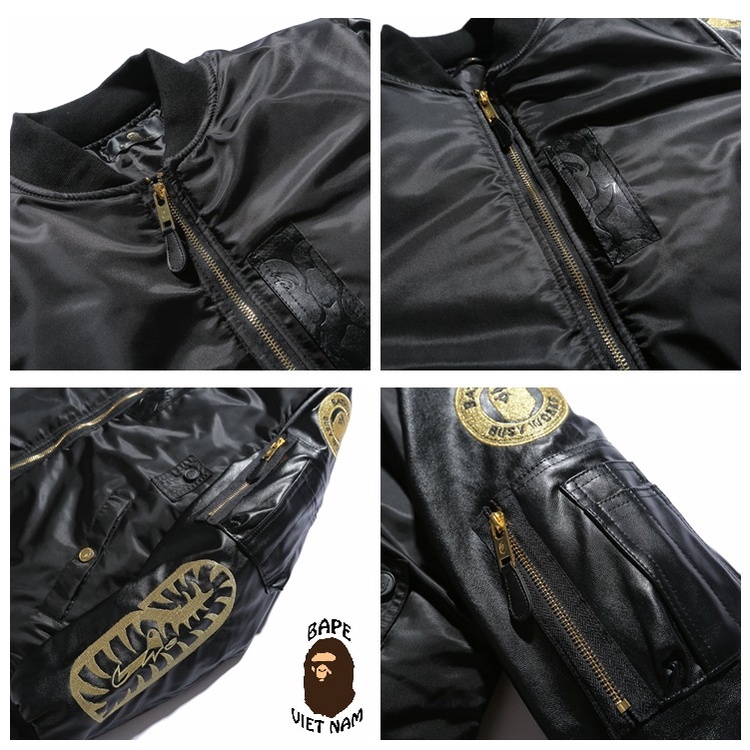 [ODER Best quality] Áo khoác Bape, Bomber Jacket Bape Gold, chất liệu Da tay áo Cotton thân áo, Oder 15 ngày