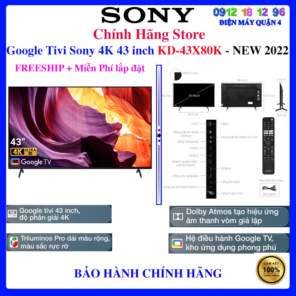 Android Tivi Sony 4K 43 inch KD-43X80K, 43X80K Mới 2022