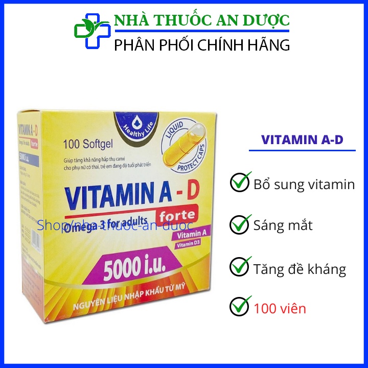 Viên uống Vitamin A D, Omega 3 bổ sung vitamin giảm nguy cơ khô mắt, mỏi mắt, còi xương, hỗ trợ đẹp da, Hộp 100 Viên
