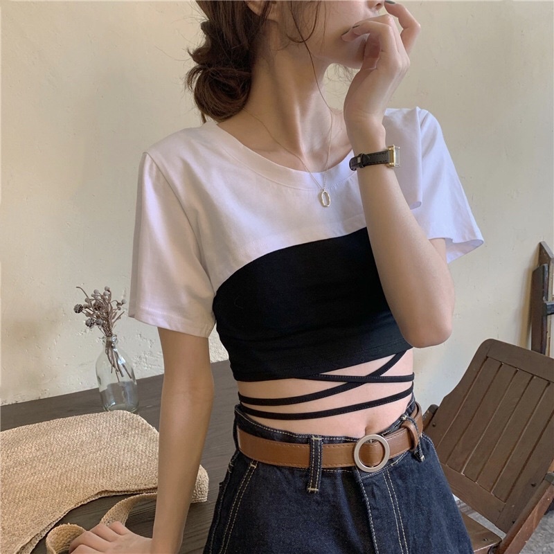 Set Áo Thun Croptop Kèm Áo Hai Dây Cột Eo Năng Động Cá Tính Siêu Xinh Luvié Closet