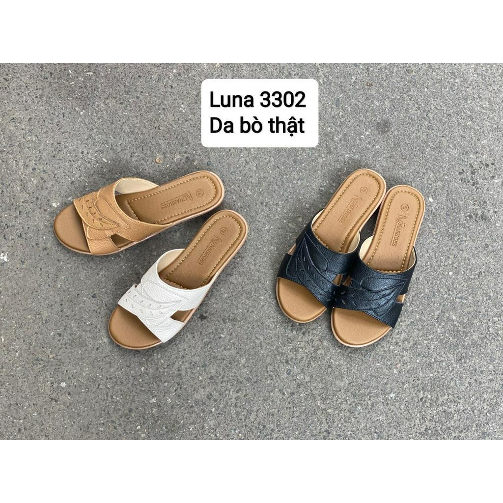 Dép quai chéo nữ đế bằng cao 2p LUNASHOES 3302 da bò mềm mũi hở chống nước đi lại hàng ngày