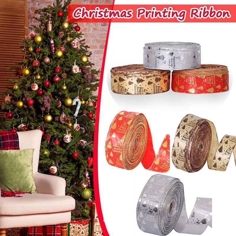 Cuộn 2m Dây Ruy Băng In Họa Tiết Cây Thông Noel Độc Đáo Trang Trí Hộp Quà / Tiệc Cưới / Giáng Sinh DIY