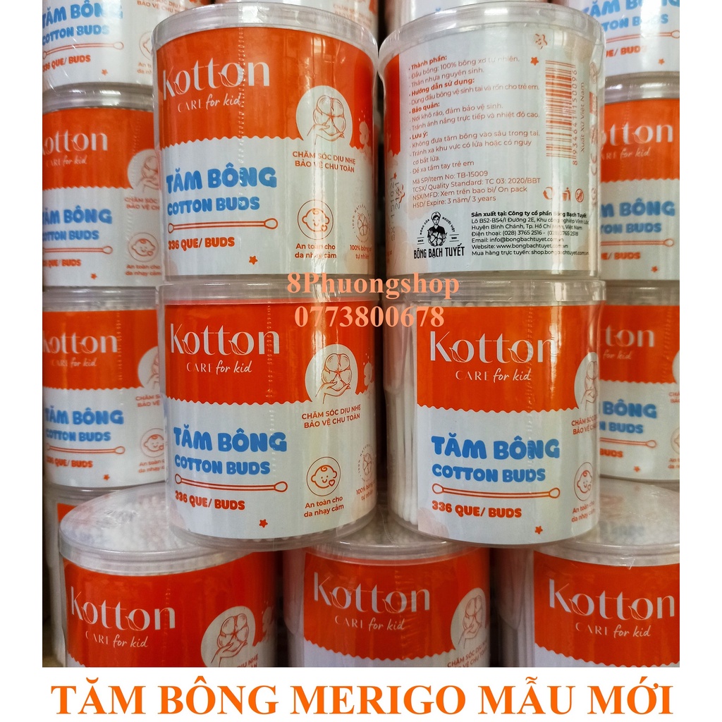 Tăm Bông Trẻ Em Merigo 336 Que Hộp Tròn Nắp Xoay - Tăm Bông Kotton Care For Kid HỘP TRÒN Bông Bạch Tuyết