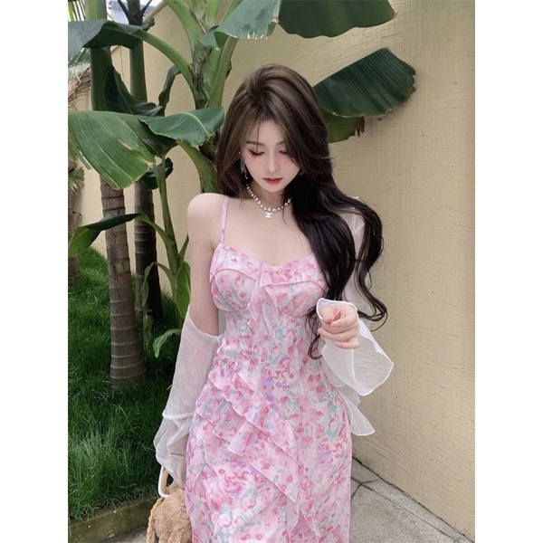 Set đầm midi 2 dây hoa nhí + Khoác cardigan lửng xanh