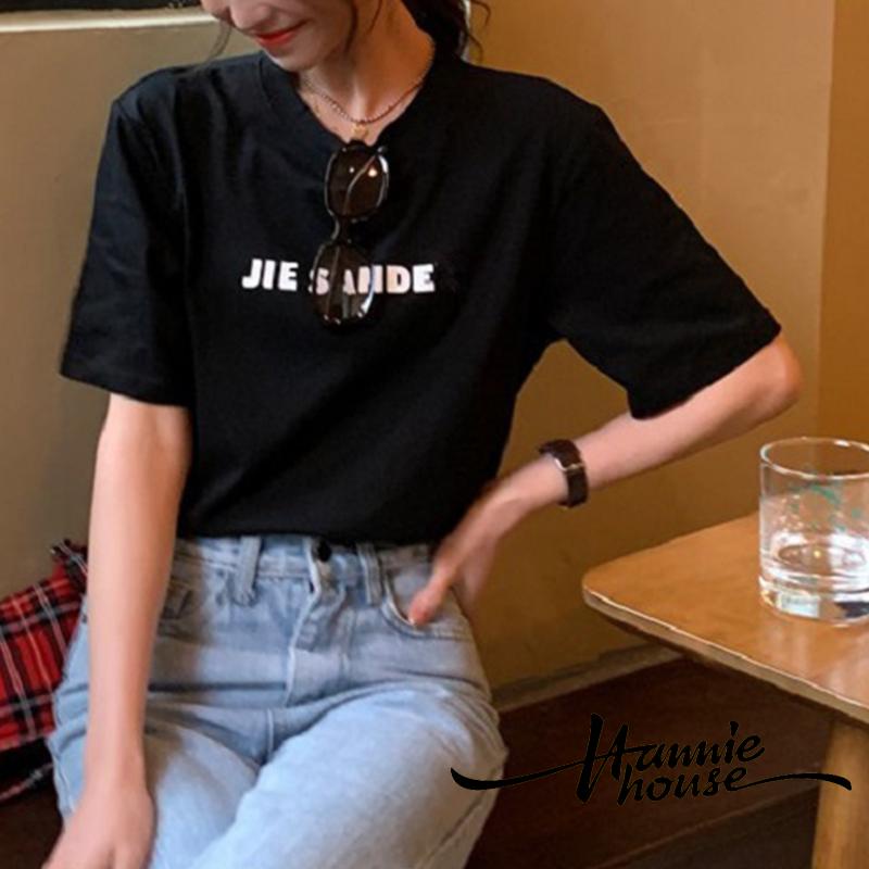 Áo thun tay ngắn dáng rộng in chữ phong cách Hàn Quốc