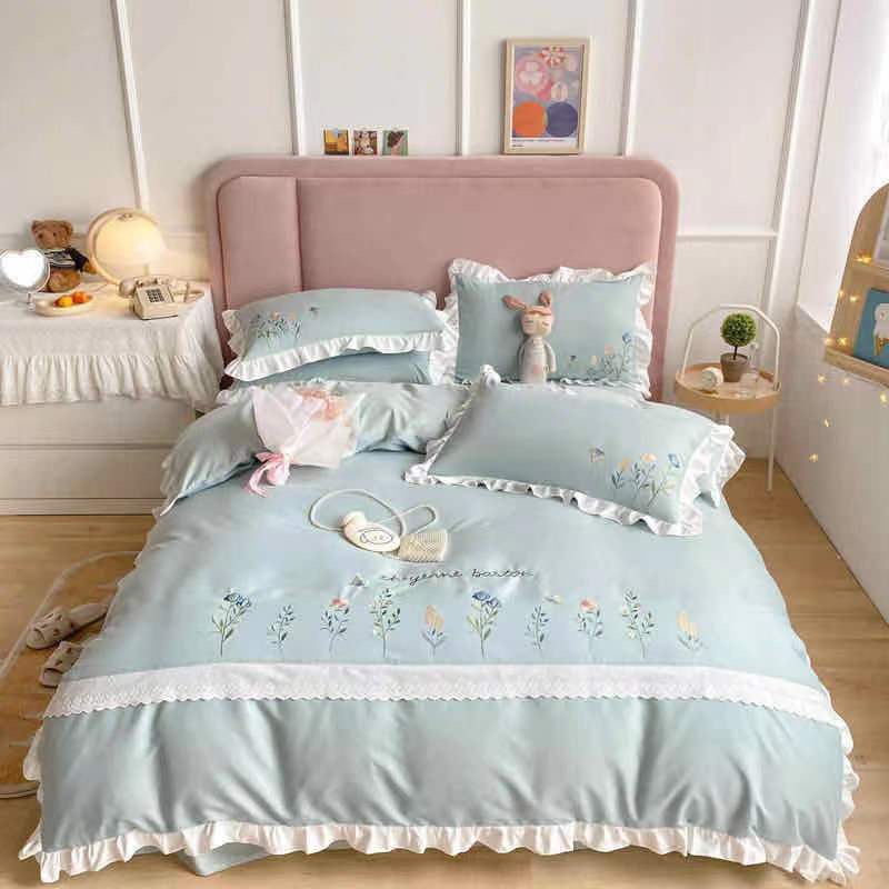 Bộ chăn ga gối cotton đũi riềm bèo công chúa dễ thương, trọn bộ 4 món chăn ga đũi nhập khẩu cao cấp miễn phí bo chun