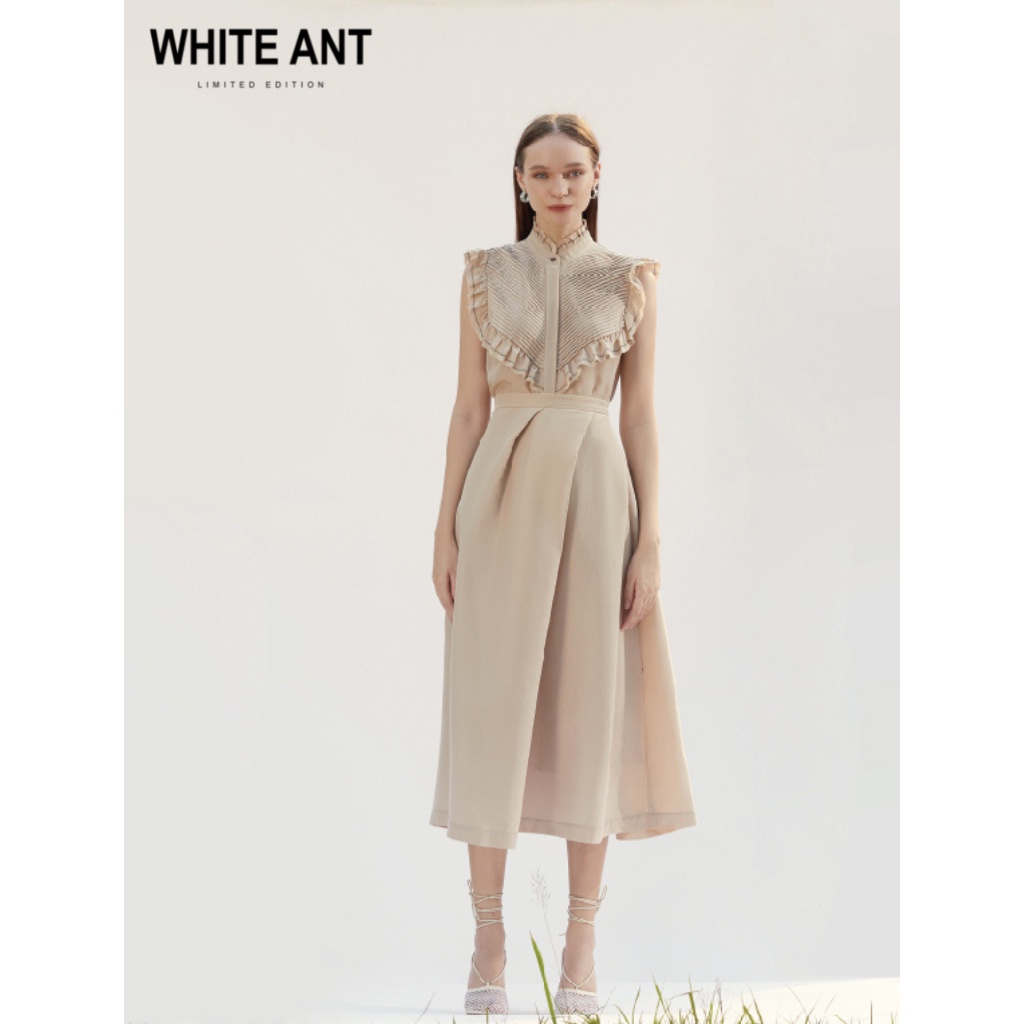 Áo Không Tay Chạy Ziczac Bèo Cổ Nữ WHITE ANT MIE SHORT SHIRT Thiết Kế Phần Ngực Xếp Li Nhỏ, Chất Lụa Satin 170300215