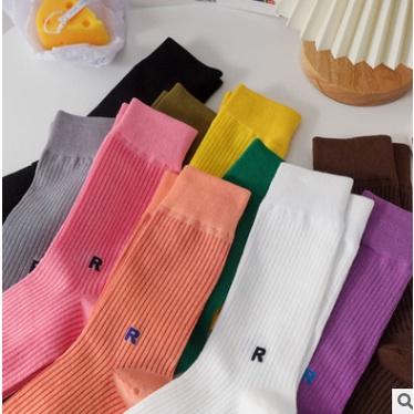 Tất cổ cao màu trơn vintage 100% Cotton - "R" Socks