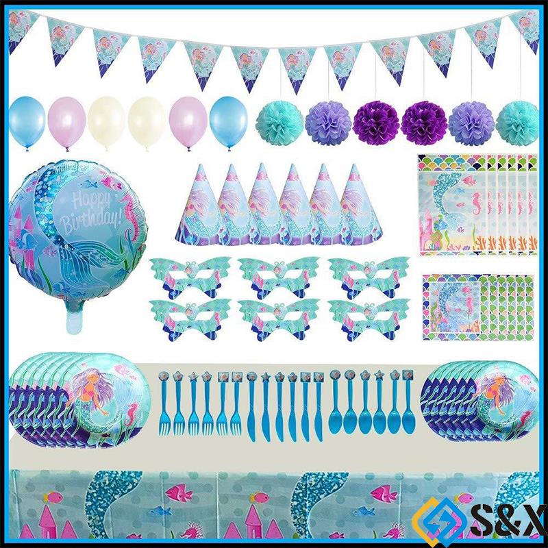 Mermaid Theme Party Supply Tableware Plates Cup Girl Birthday Decor Set / Baby Kids Children Birthday Party Tableware Hat Cups Plate Banner Set