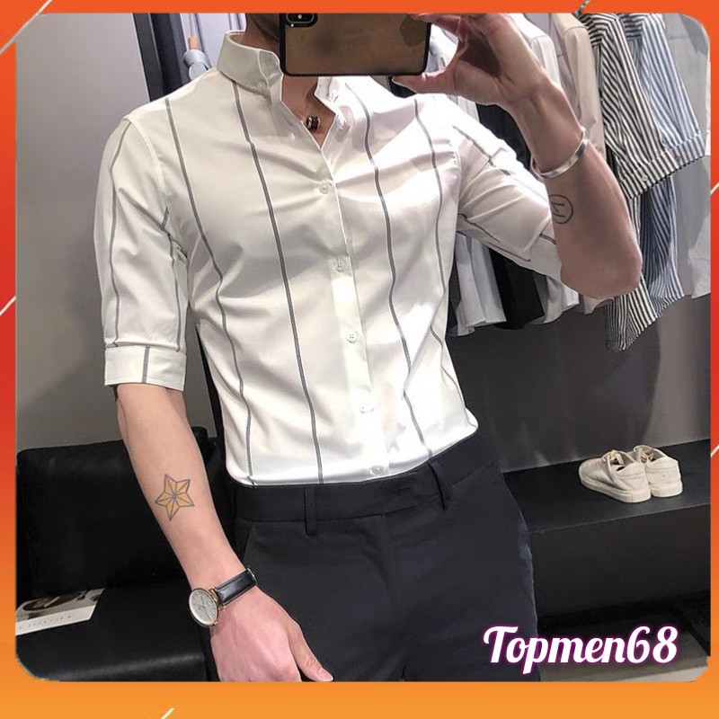 Áo sơ mi dài tay nam, áo sơ mi kẻ sọc nam công sở, chất lụa mịn-Topmen68-SM34