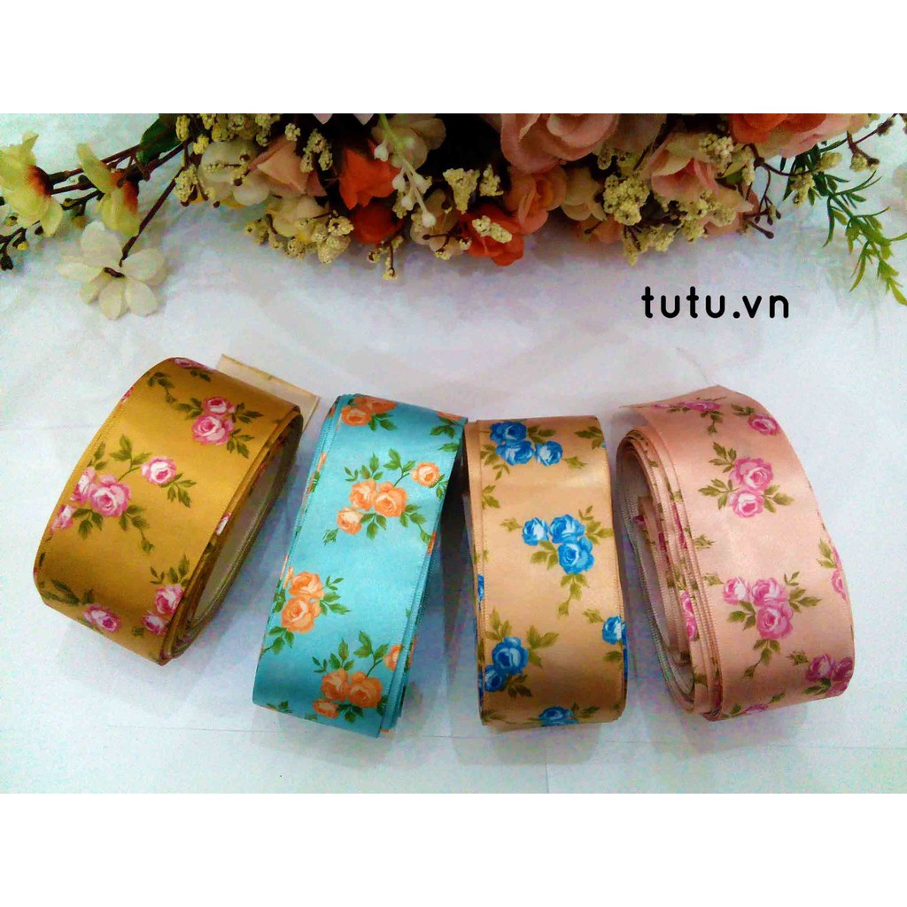 RUY BĂNG SATIN 38MM HỌA TIẾT HOA LỤA HT38-001 RUY BĂNG DIY HANDMADE LÀM NƠ BỜM KẸP TÓC