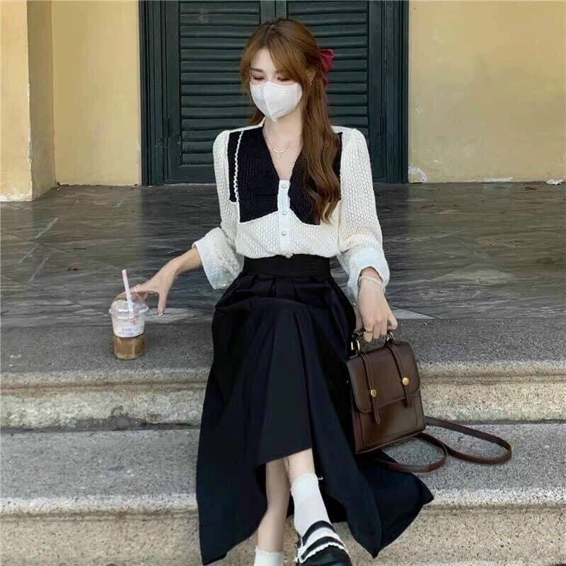 SET ÁO REN PHỐI CỔ ĐEN CHÂN VÁY MIDI