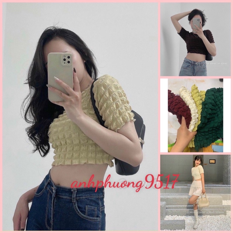 Áo Croptop Chất Caro Xốp Nữ [FREESHIP]  Thun kiểu body cộc tay dáng ôm viền bèo tiểu thư đường phố sexy, cá tính