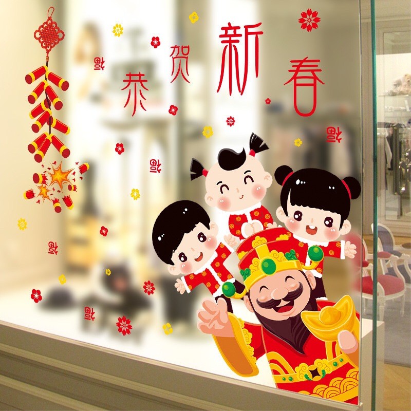 Decal dán tường Tết - Thần Tài các bé vui vẻ chào Xuân