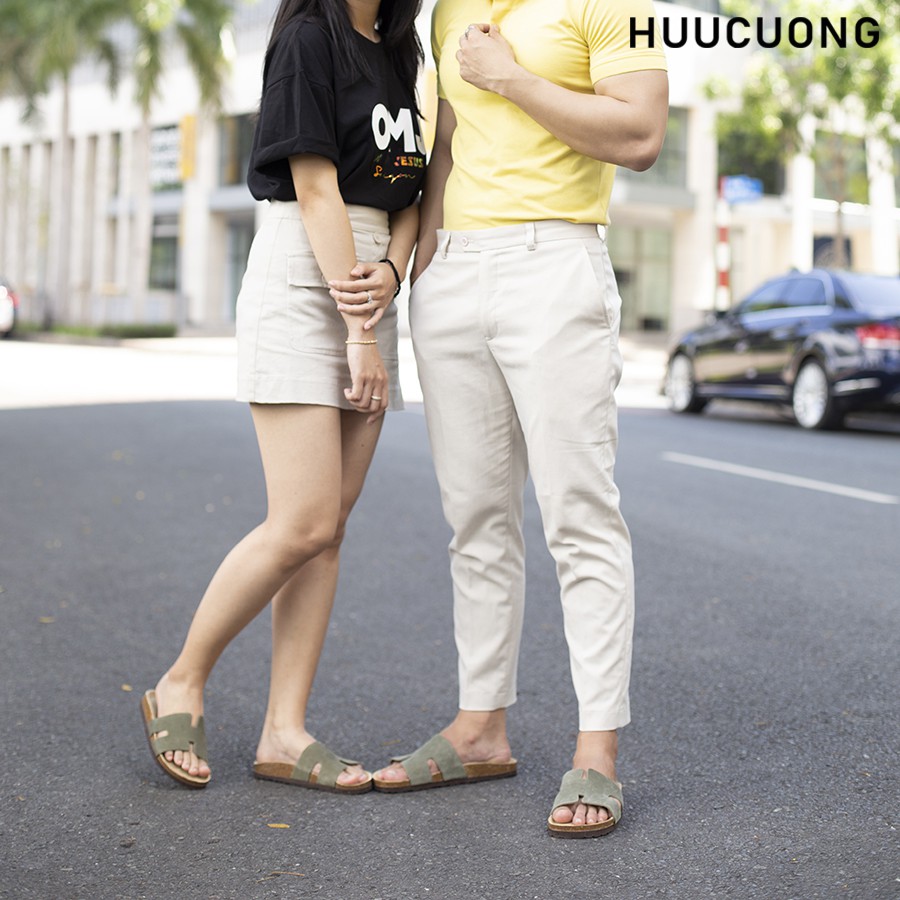 Dép unisex Chữ H HUUCUONG Quai Da Thật Màu Xanh Rêu Đế Trấu