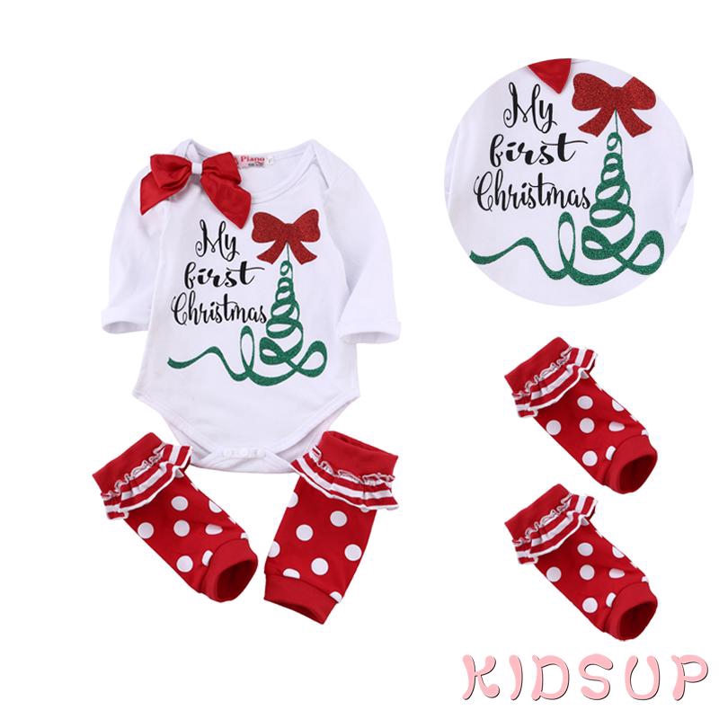 K.I-Newborn Baby Girl Long Sleeve Bow Romper Bodysuit Sock Outfits Clothes Christmas