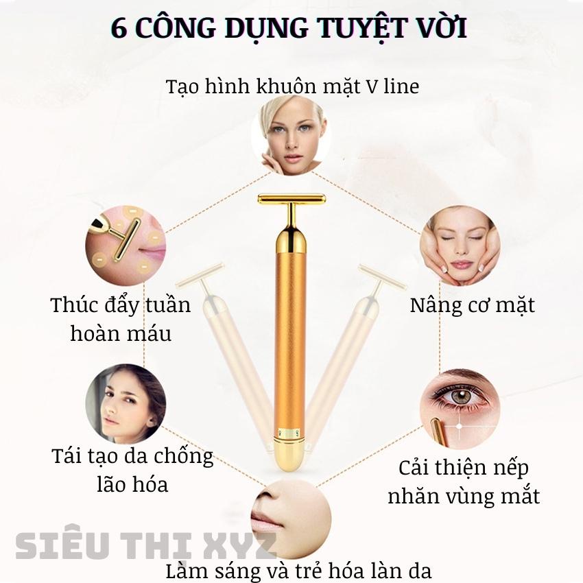 Máy Massage Mặt Vline Tay Cầm Hợp Kim Gold 24k  Đầu Rung Chữ T Giúp Nâng Cơ, Xóa Nhăn Tại Nhà Kèm Hộp Đựng - Y107