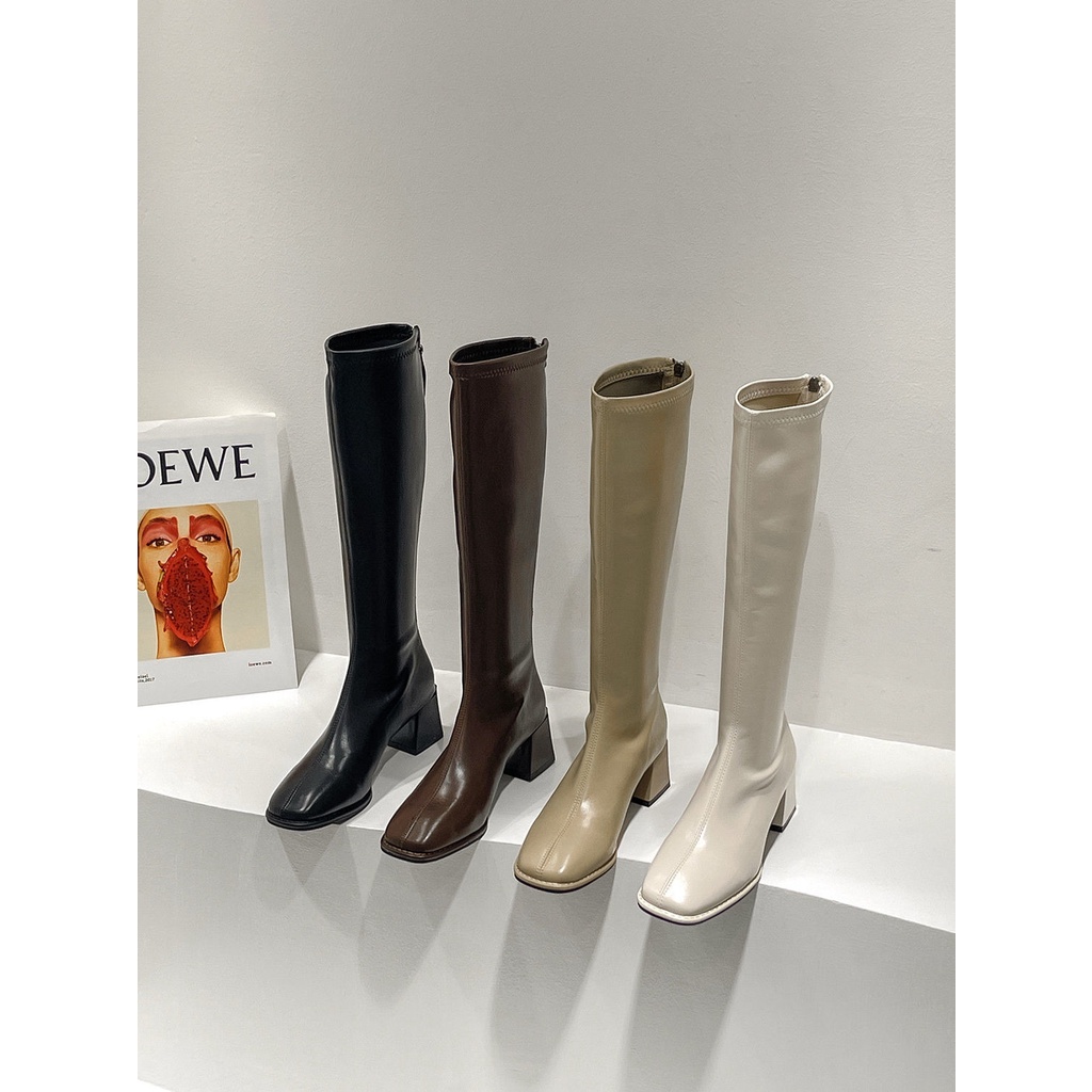 Giày bốt cổ cao qua gối mũi vuông gót cao dày thời trang xuân thu dành cho nữ dễ phối đồ 2021