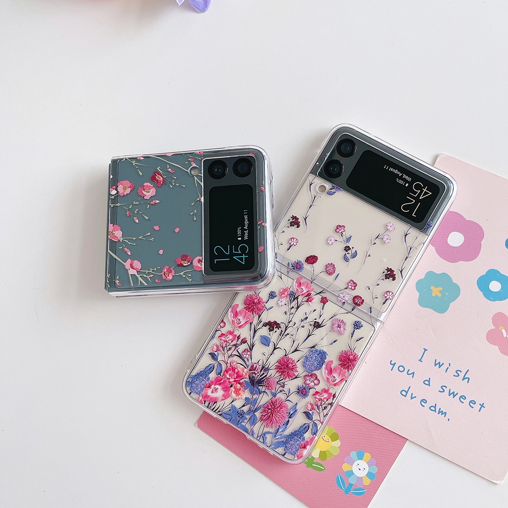 Ốp Điện Thoại PC Cứng Trong Suốt Họa Tiết Hoa Mận Dễ Thương Có Dây Vòng Tay Cho Samsung Galaxy Z Flip3 4 5G