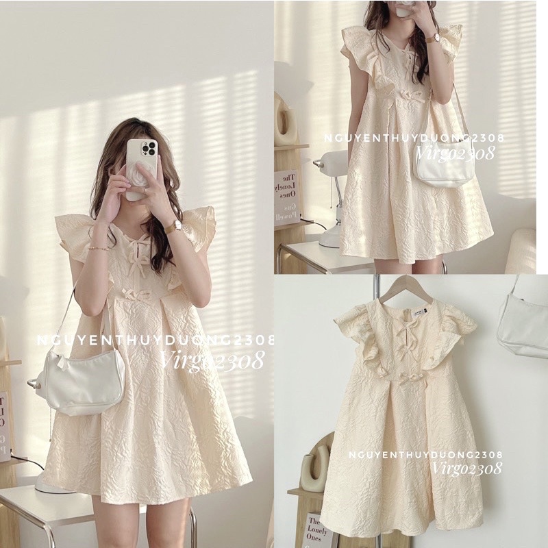 VÁY BABYDOLL GẤM TACTA CỔ BÈO MIX NƠ ”ZONY DRESS”siêu xinh