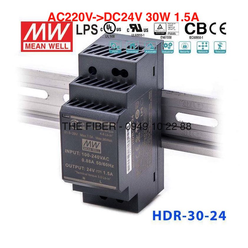 Bộ đổi nguồn điện HDR-30-24 AC220V - DC24V 30W 1.5A gắn thanh RAY - DIN Rail - Hãng Meanwell