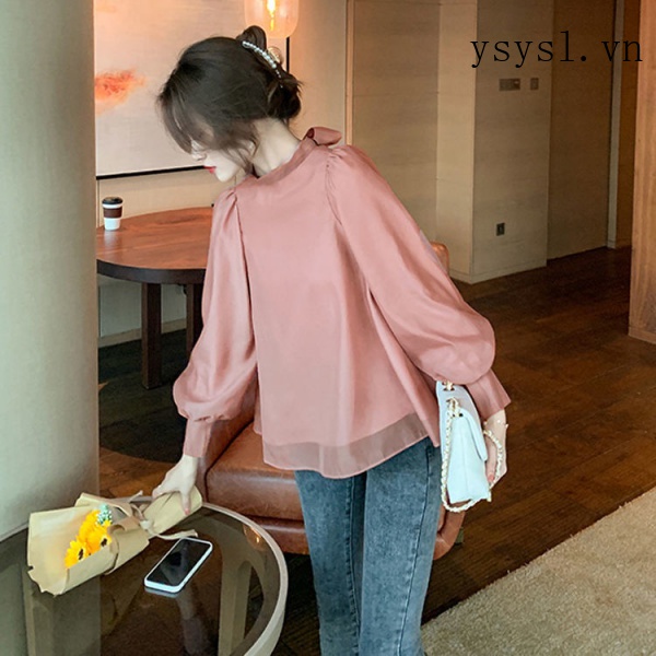 Áo Sơ Mi Tay Dài Che Bụng Thắt Nơ Phía Trước Sau Lưng Phong Cách Pháp Thời Trang Xuân Thu 2021