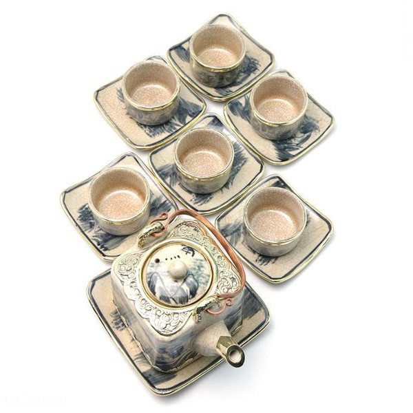 Bộ ấm chén dáng VUÔNG bọc đồng men rạn Bát Tràng