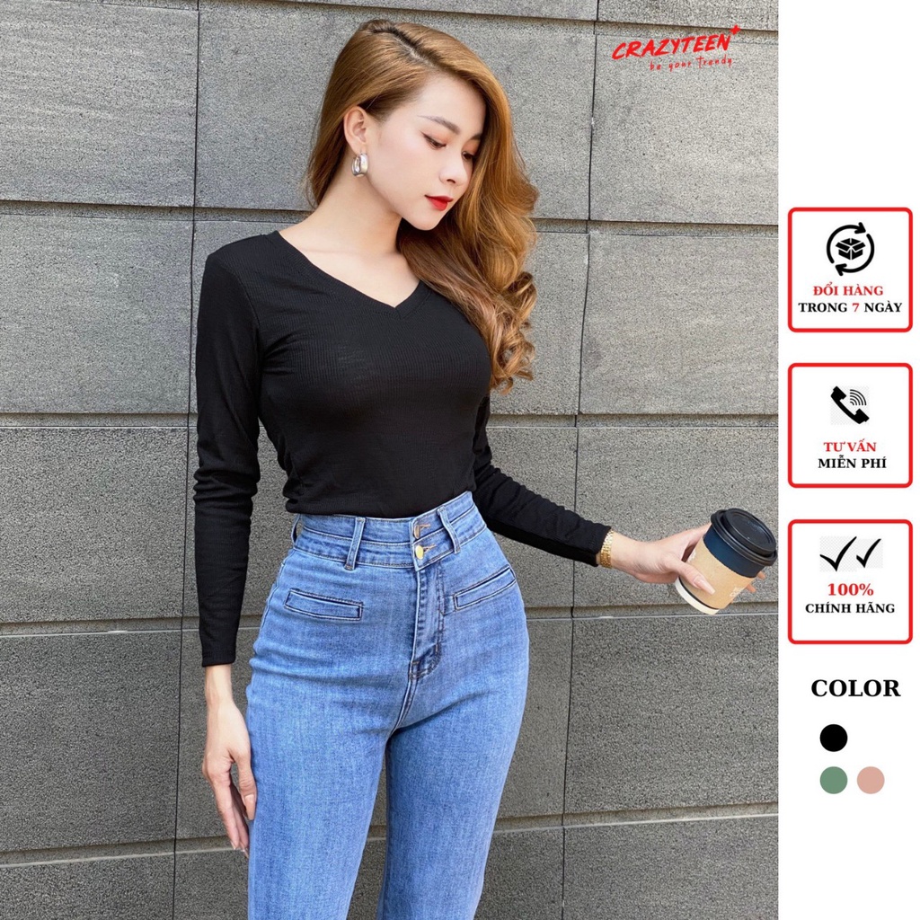 Áo thun tay dài nữ CRAZYTEEN cổ tim sang trọng AT0270