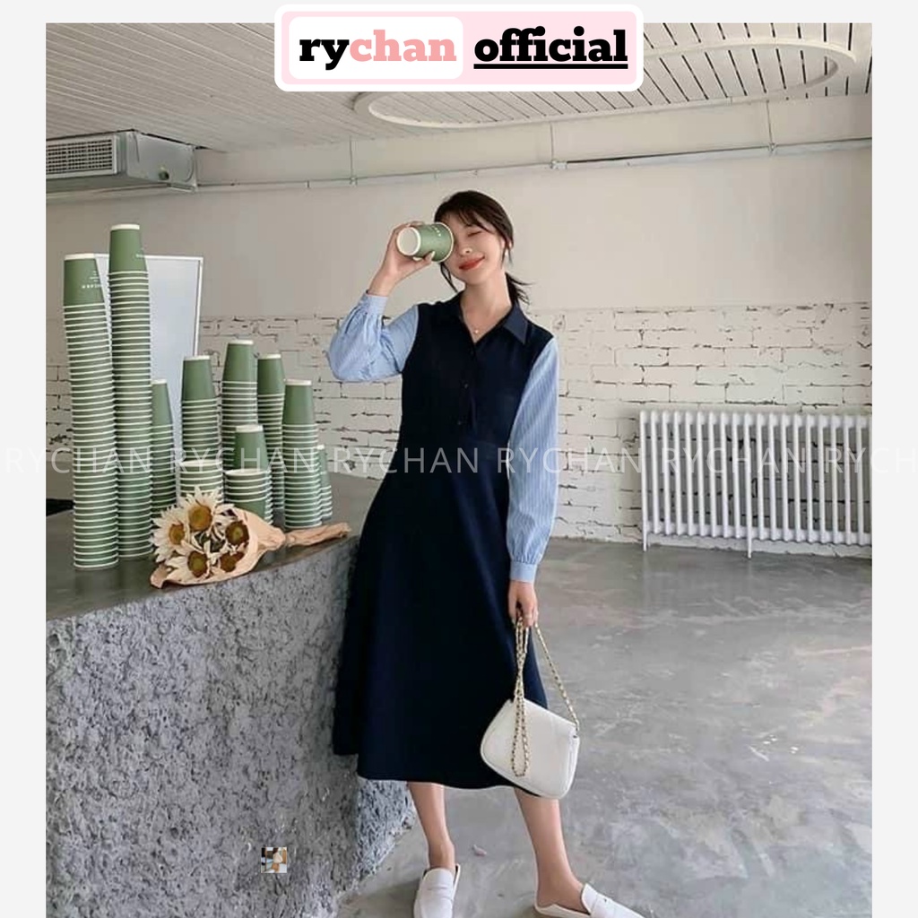 Đầm Xoè Midi Dáng Dài Sơ Mi Tay Dài Phối Sọc Thanh Lịch - DX0131