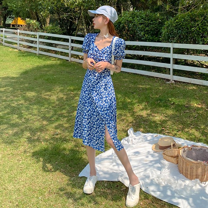 Xiaozhainv Đầm Maxi Tay Ngắn Cổ Chữ V Họa Tiết Hoa Phong Cách Retro | BigBuy360 - bigbuy360.vn
