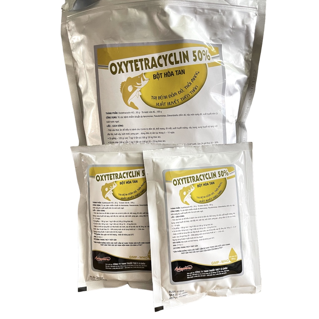 Thuốc bột Oxytetracyclin 50% trị bệnh đốm đỏ, thối mang, xuất huyết trên thân cho cá