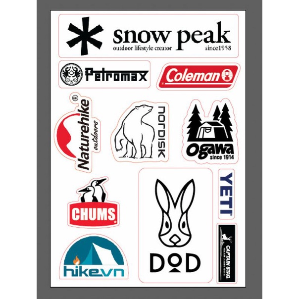 Sticker Camping snowpeak,  coleman, naturehike, ogawa...chất lượng cao