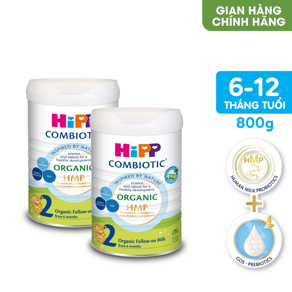 Combo 2 lon Sữa bột công thức HiPP 2 Organic Combiotic 800g bổ sung DHA trực tiếp (2 lon x 800g) - Nhập khẩu Đức