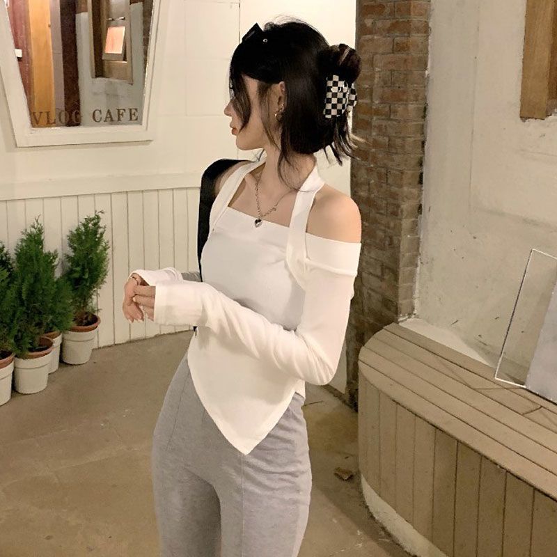 One Áo Thun Tay Dài Dáng Ôm Trễ Vai Thiết Kế Lệch Tà Cá Tính