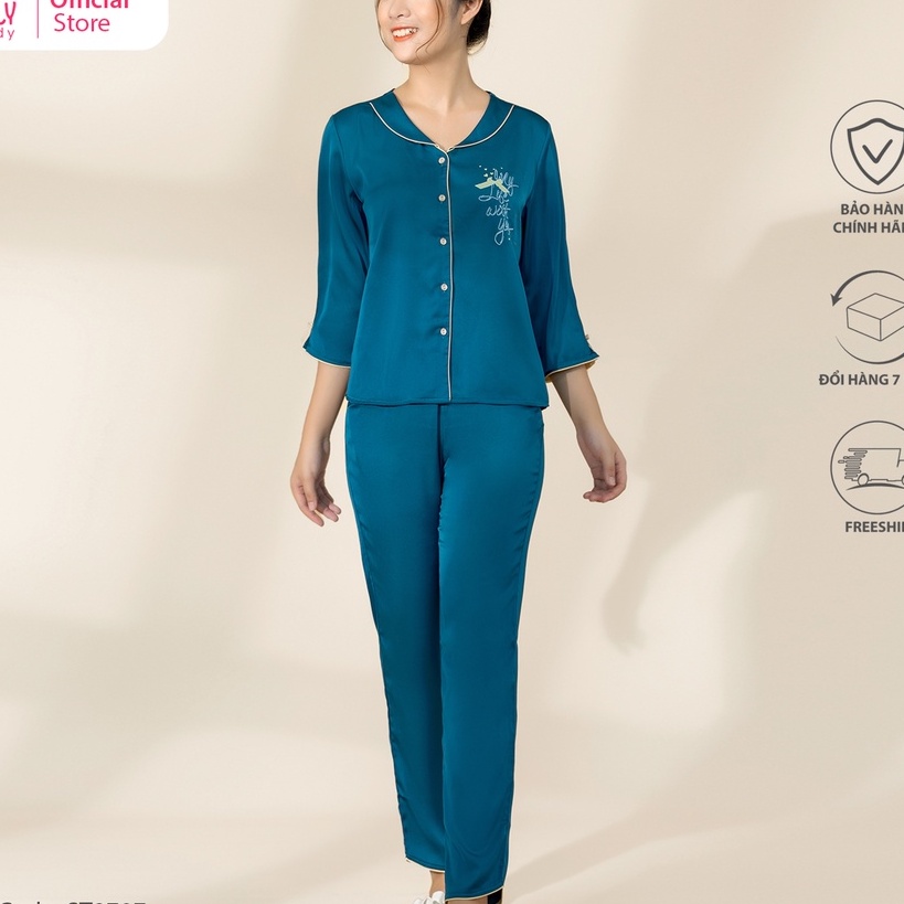 Bộ đồ mặc nhà nữ pijamas lụa SUNFLY áo tay lỡ, quần dài ST8707