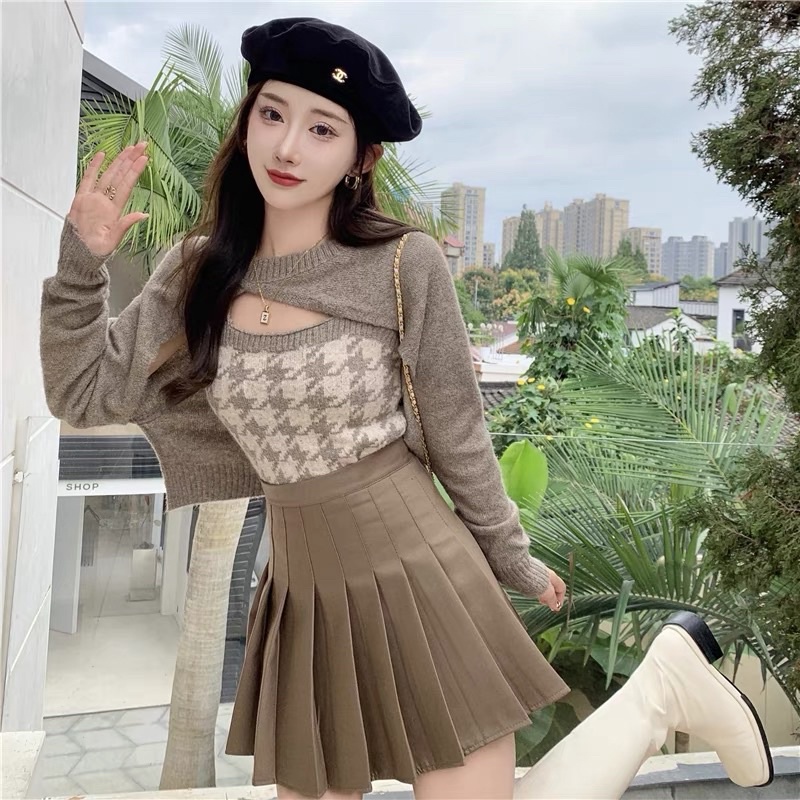 Set Áo Len Kiểu 2 Chi Tiết Hottrend Ulzzang, Hàng loại 1, Áo Len Mix Cadigan Croptop Quảng Châu