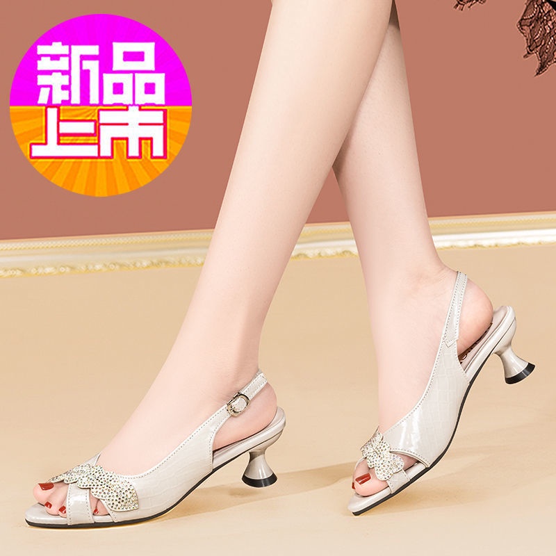 Giày Sandal Da Thật Hở Mũi Đính Đá Thời Trang 2022 Cho Nữ